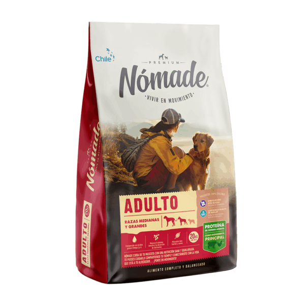 NOMADE PERRO ADULTO RAZA MEDIANA Y GRANDE 20 KL SABOR CARNE Y POLLO.