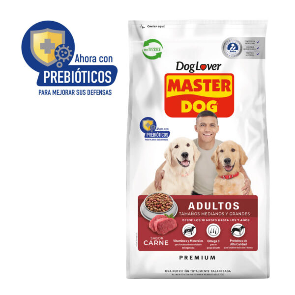 MASTER DOG PERRO ADULTO RAZA MEDIANA Y GRANDE 18 KL, SABOR CARNE.